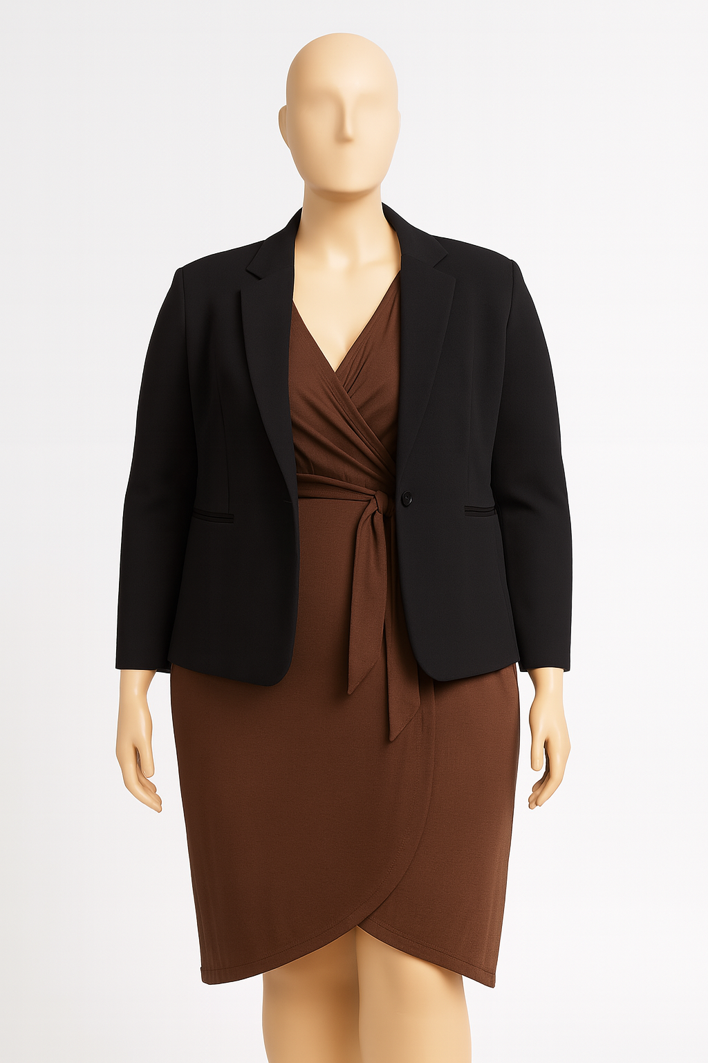 plus size mannequin wearing Wrap dresses (define the waist beautifully) and Structured blazers Mannequin Mode How to Dress Plus Size Mannequin