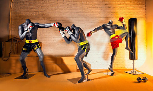 Matte Grey Boxing Male Mannequin MM-Boxing01 Fiberglass Male Mannequin (Matte Grey). Detachable arms, hands, leg and torso to make the mannequin easy to dress. Square Metal Base included with fittings in both his sole of foot or his lower calf so that shoes can be displayed.