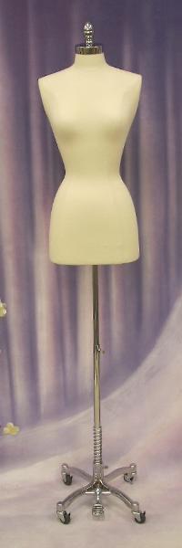 Cream Female Body Form size 6/8 with Caster Base MM-JF6/8C Attractive size 6/8 body foam form covered in durable jersey knit material.