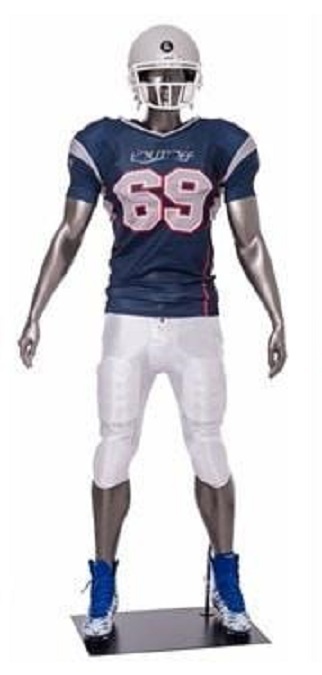 Football Player Male Mannequin Gloss Grey MM-Brady03 Fiberglass Sports Male Mannequin Abstract style, muscular football player, Brady. Mannequin comes in (Gloss Grey) with black metal base. Detachable arms, left and right leg, hands and torso for easy dressing. Clothes and football not included.