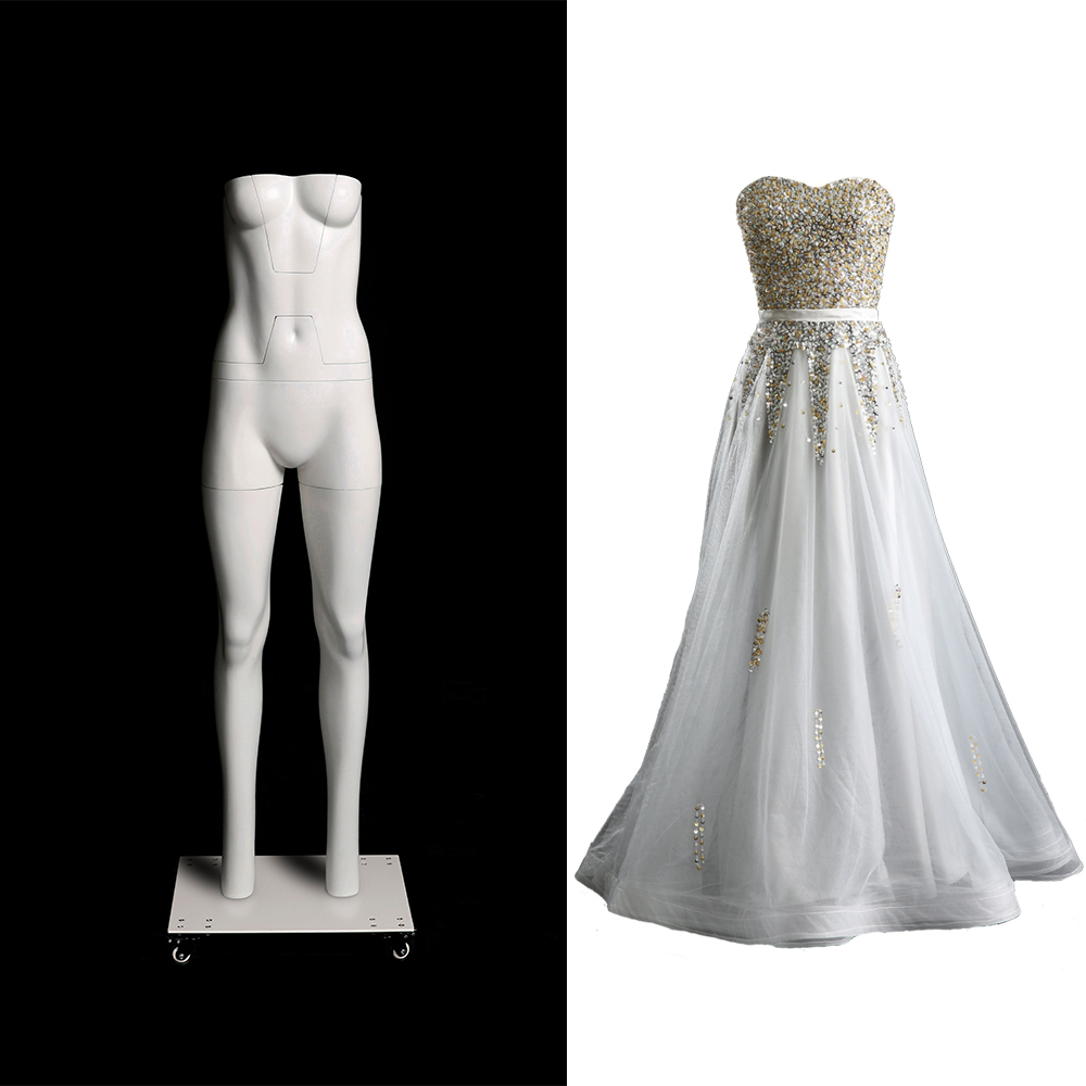 This female mannequin is designed to have a "ghost" effect when clothes are displayed on it. Made of fiberglass in a matte white color.