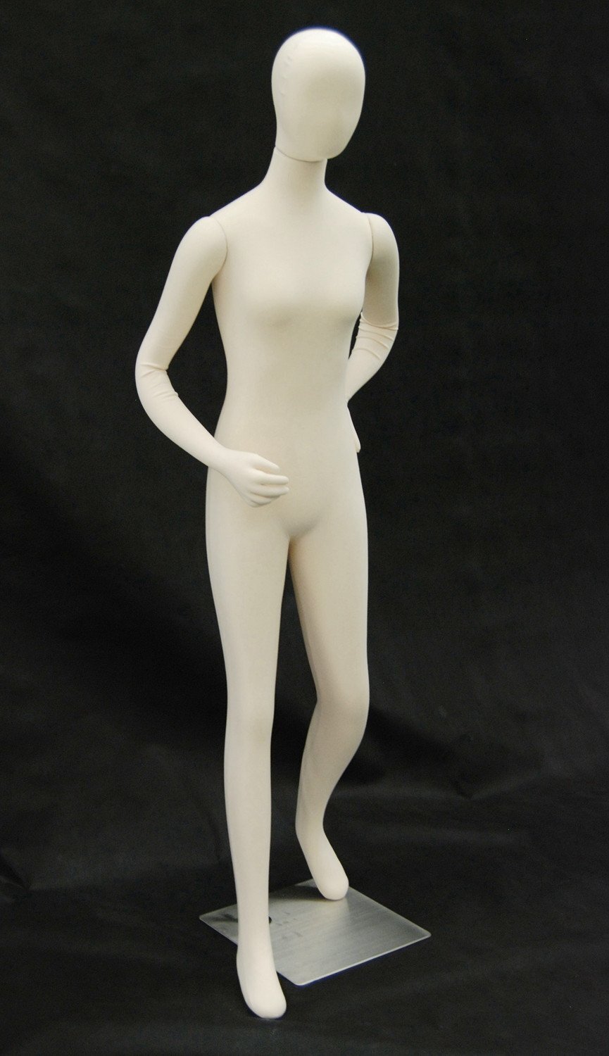 Flexible Foam Female Mannequin MM-JF-F1SOFTX-FML Female foam body with wire armature and jersey fabric cover. Flexible Female Mannequin with moveable head, can be use as headless mannequin. Bendable arms and legs can be adjusted to any flex position. The mannequin can sit or stand. Square Base and rod included.