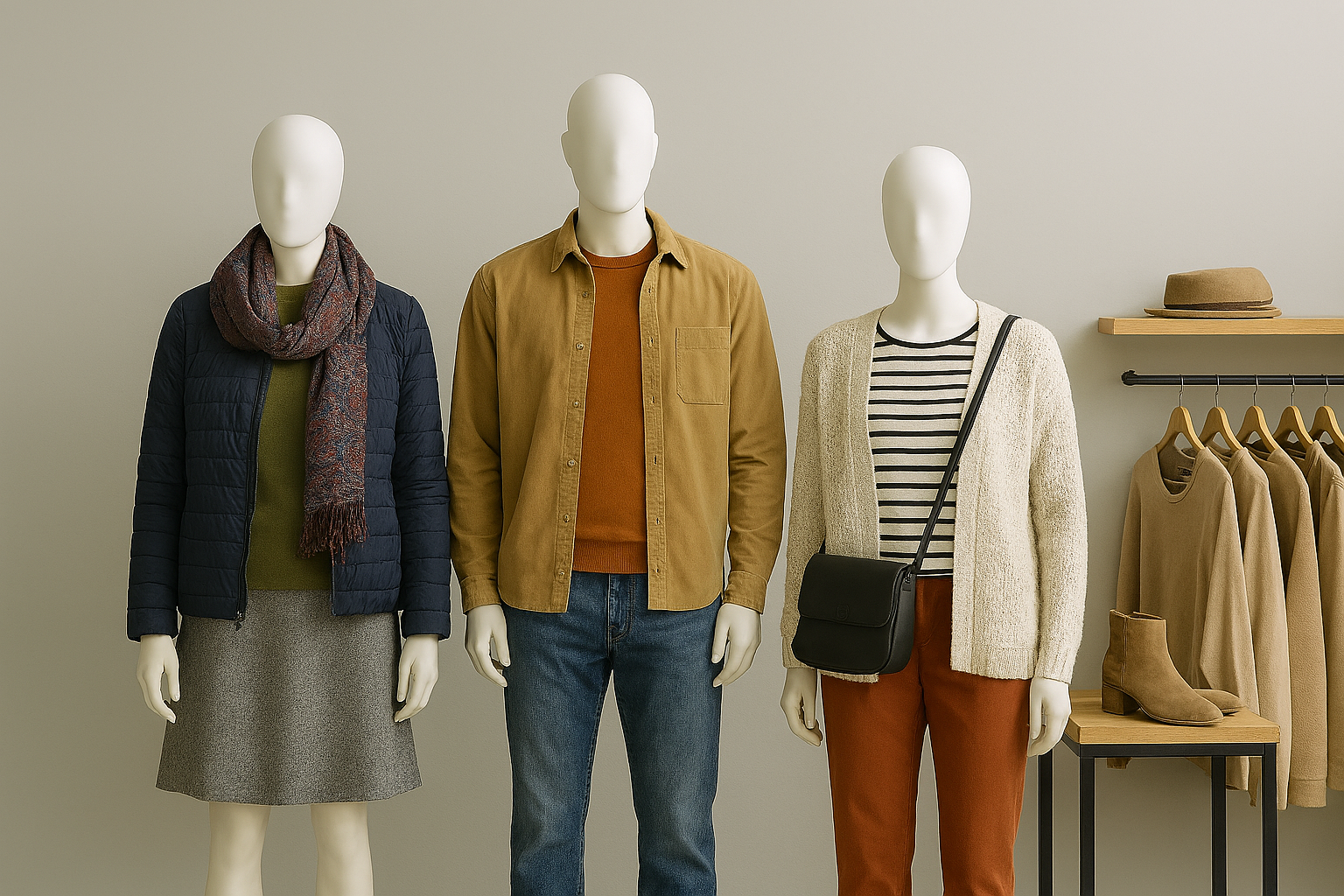 Three mannequins dressed in mismatched styles